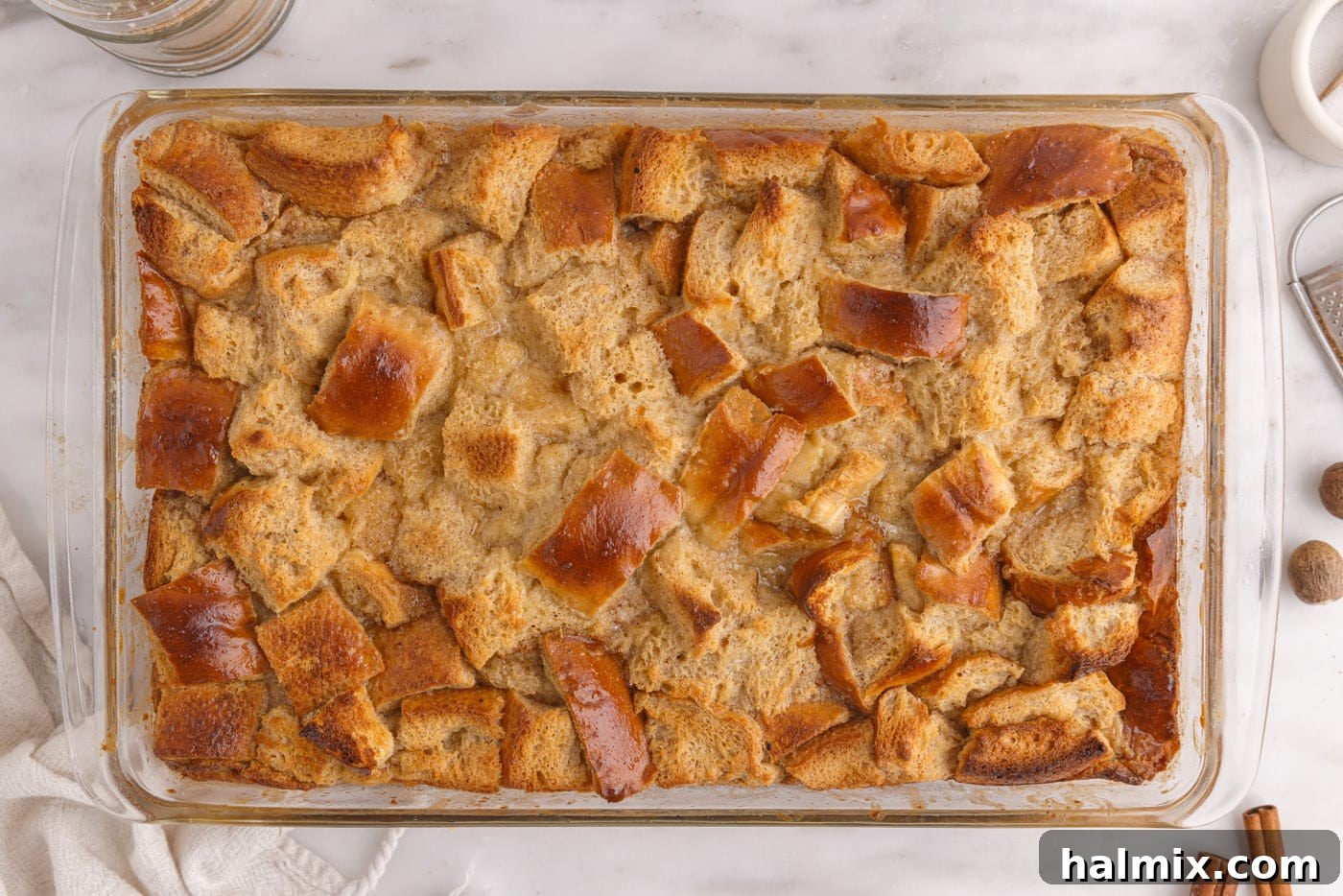 baked bread pudding in a casserole dish