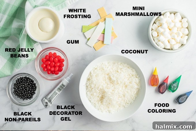 All the simple ingredients you'll need for creating delightful Easter Bunny Cupcakes, emphasizing convenience and fun for holiday baking. A spread of essential ingredients for Easter Bunny Cupcakes, neatly arranged on a white surface: a boxed cake mix, canned frosting, bottles of food coloring, various colored gum sticks, jelly beans, marshmallows, and shredded coconut.