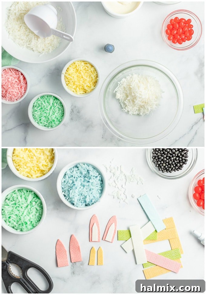 Carefully coloring coconut and shaping gum sticks are key steps in creating the charming decorations for your Easter Bunny Cupcakes. A step-by-step image showcasing the process of coloring shredded coconut in various vibrant hues (pink, green, yellow) and the precise method of cutting gum sticks into perfect bunny ear shapes using kitchen shears.