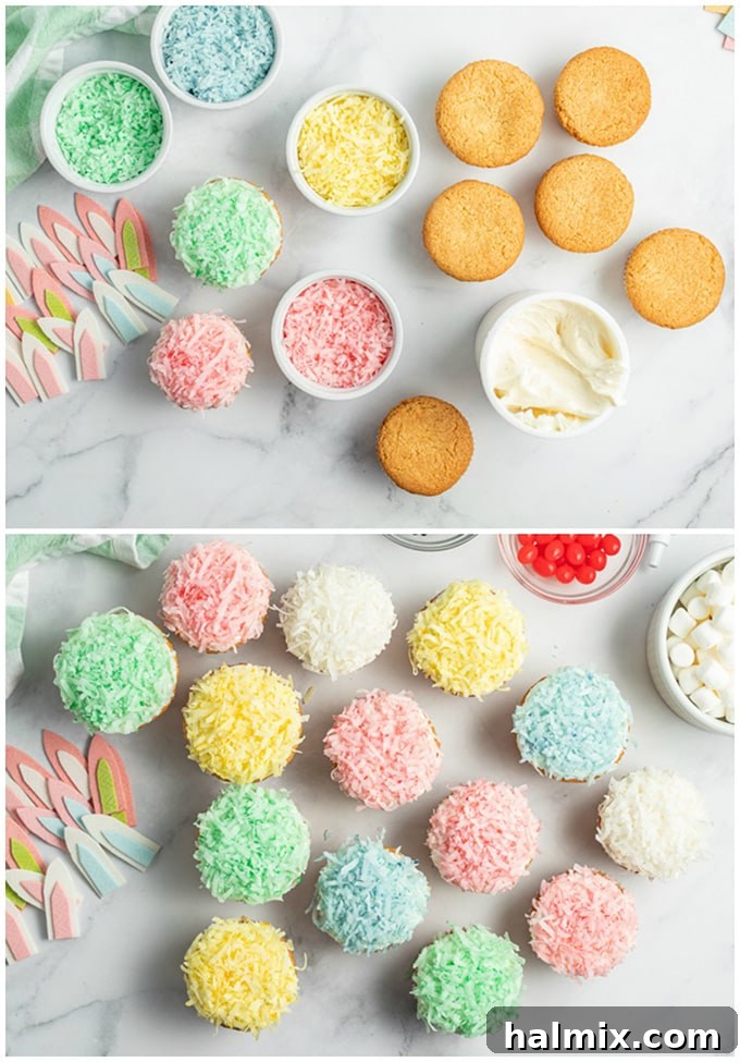 The crucial step of frosting and dipping cupcakes into colored coconut, a technique that ensures even and vibrant 'fur' for your Easter bunnies. A detailed shot showing a cupcake being generously frosted with white icing, followed by an immediate upside-down dip into a bowl of vibrant green colored coconut, ensuring the cupcake is thoroughly coated in fluffy 'fur'.