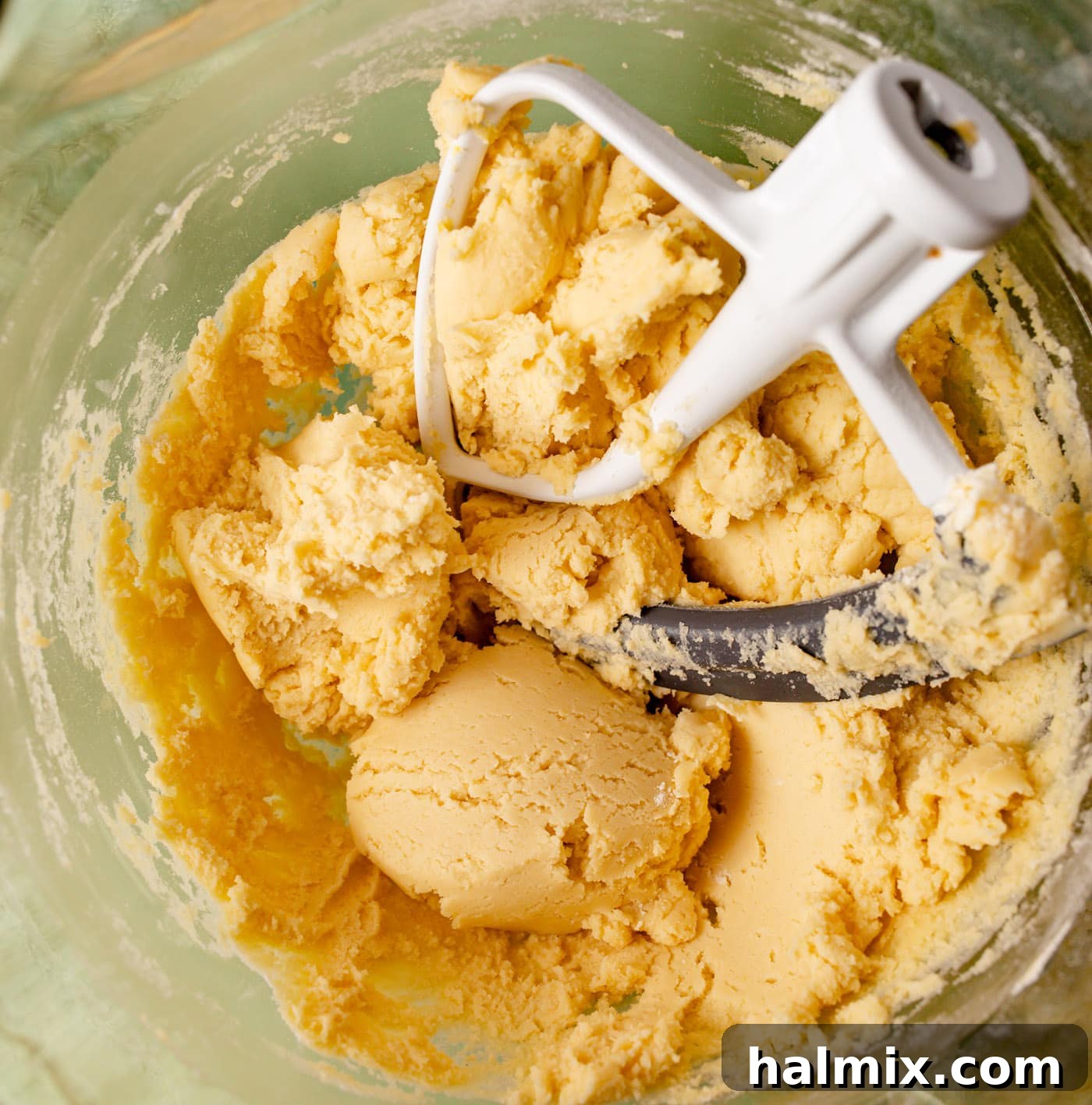 Brushstroke Delights 6 Sugar cookie dough, perfectly mixed and ready for chilling, rests in a mixer bowl.