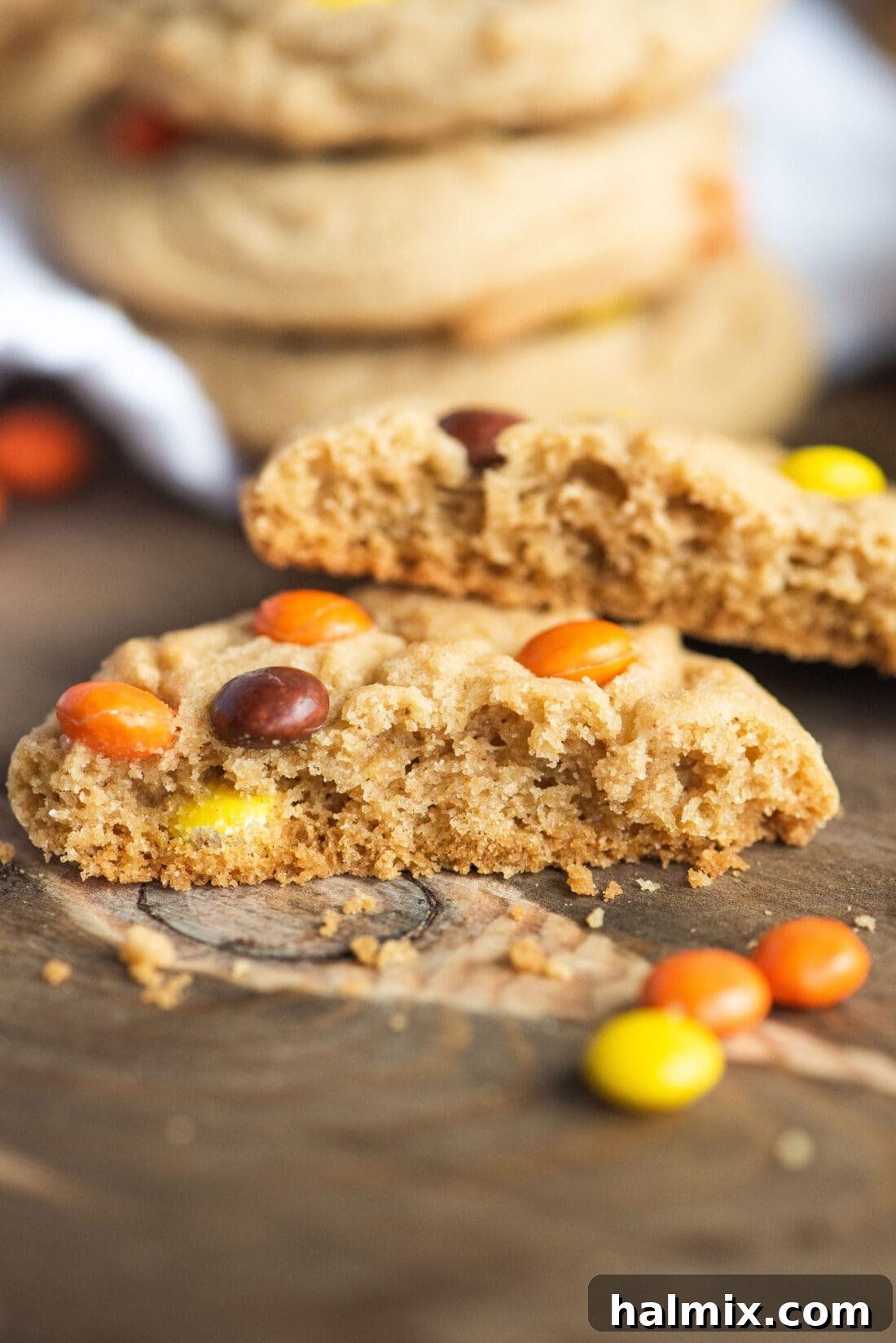Broken Reese's Pieces Cookie showing the soft interior and candy pieces