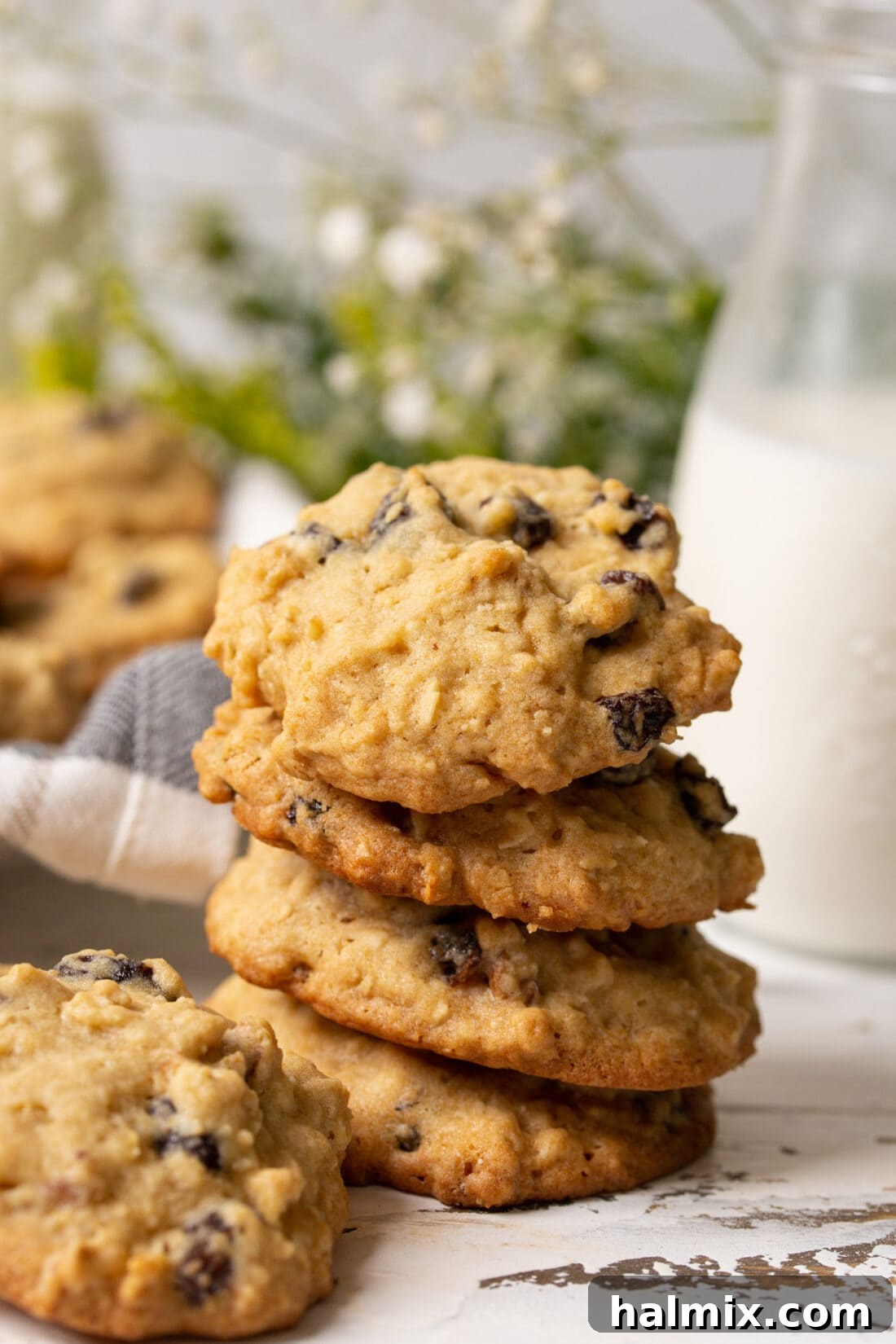 Spiced Oatmeal Raisin Delights 9 close-up of a stack of oatmeal raisin cookies
