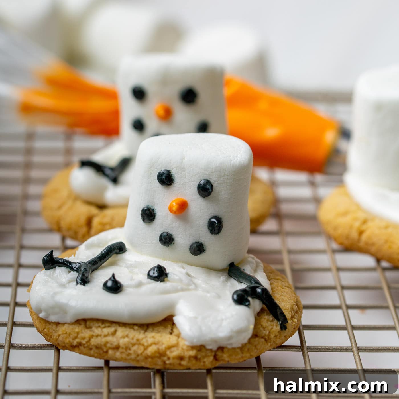 The melted snowman cookies now complete with orange icing noses, adding a pop of color.