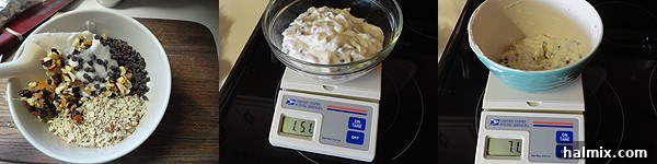 A bowl of ricotta cheese and other ingredients being weighed on a kitchen scale for precision in the Cassata recipe.