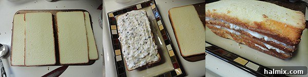 The delicate process of assembling a Cassata Cake, with creamy ricotta filling layered between sponge cake slices.