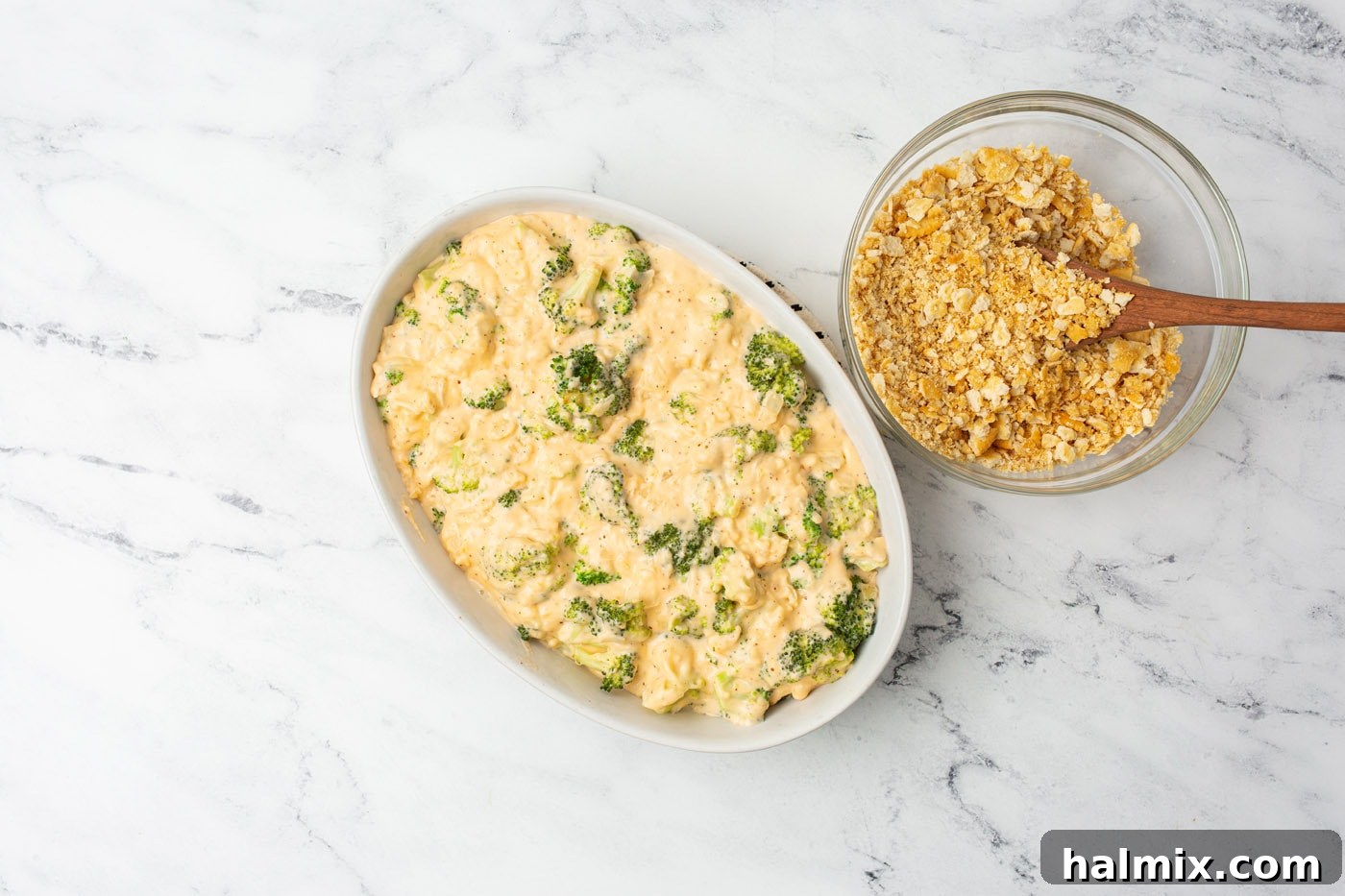 A baked broccoli cheese casserole, hot and bubbly from the oven.