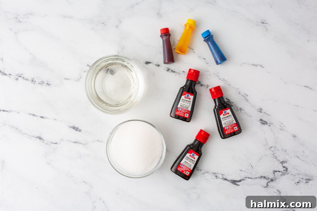 Ingredients laid out for making homemade lollipops: corn syrup, sugar, flavor extracts, and food coloring