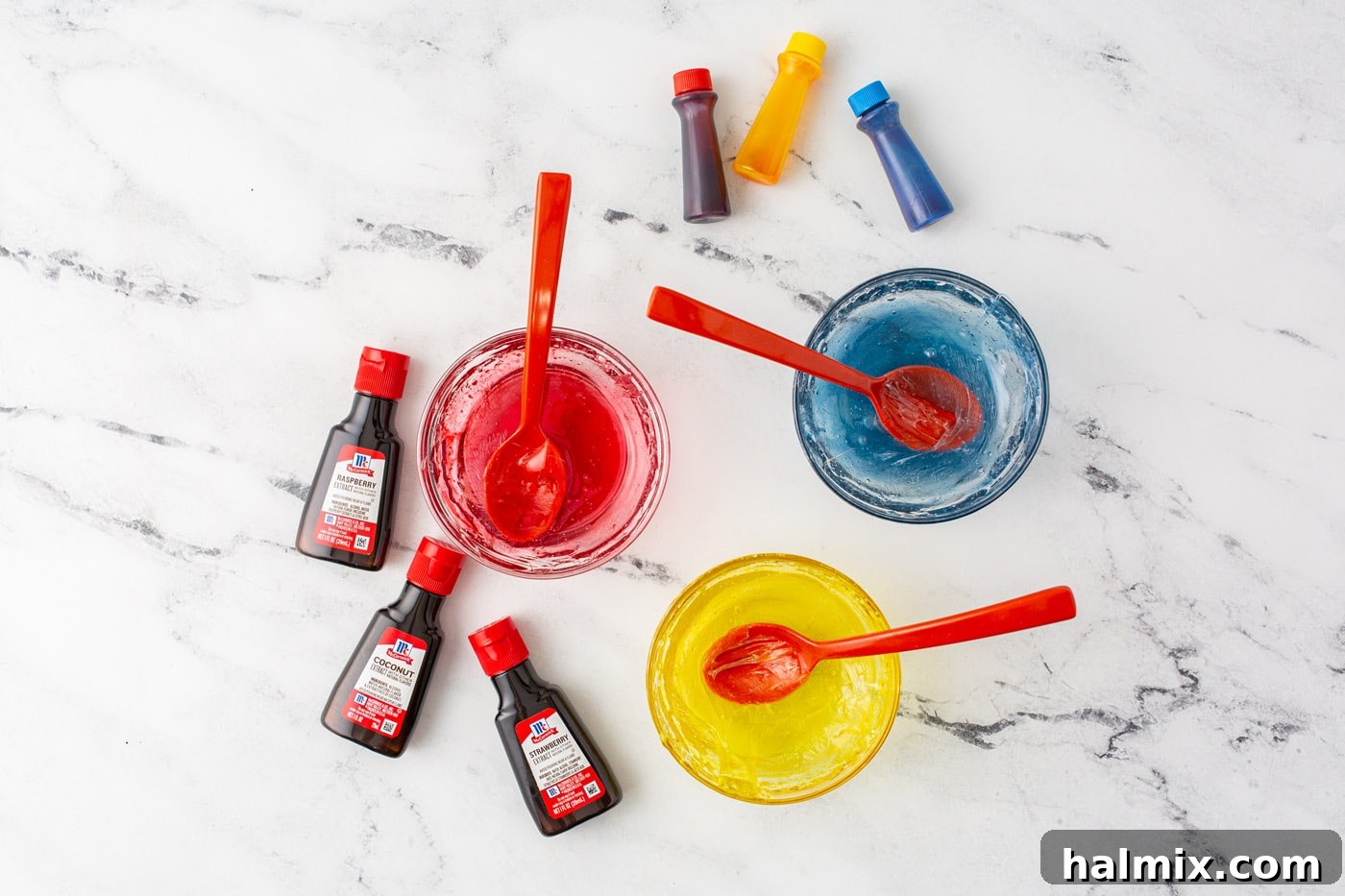 Colorful candy mixtures with extracts in individual bowls
