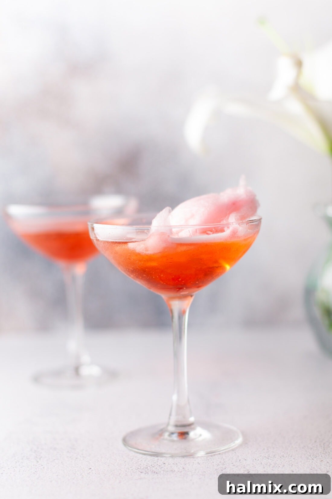 Sweet Cloud Sparkle 3 cotton candy champagne in a martini glass