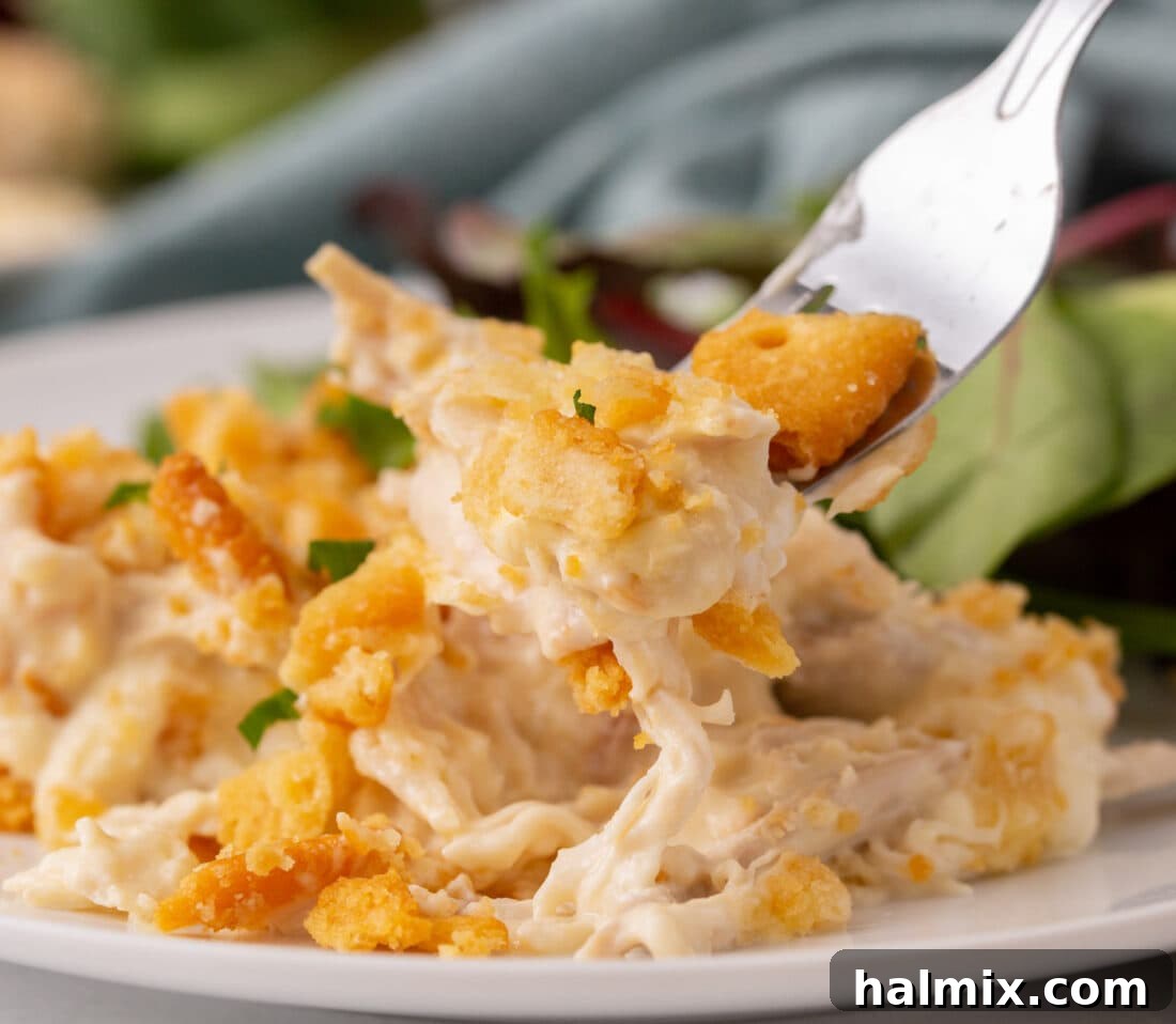 Forkful of creamy Million Dollar Chicken Casserole