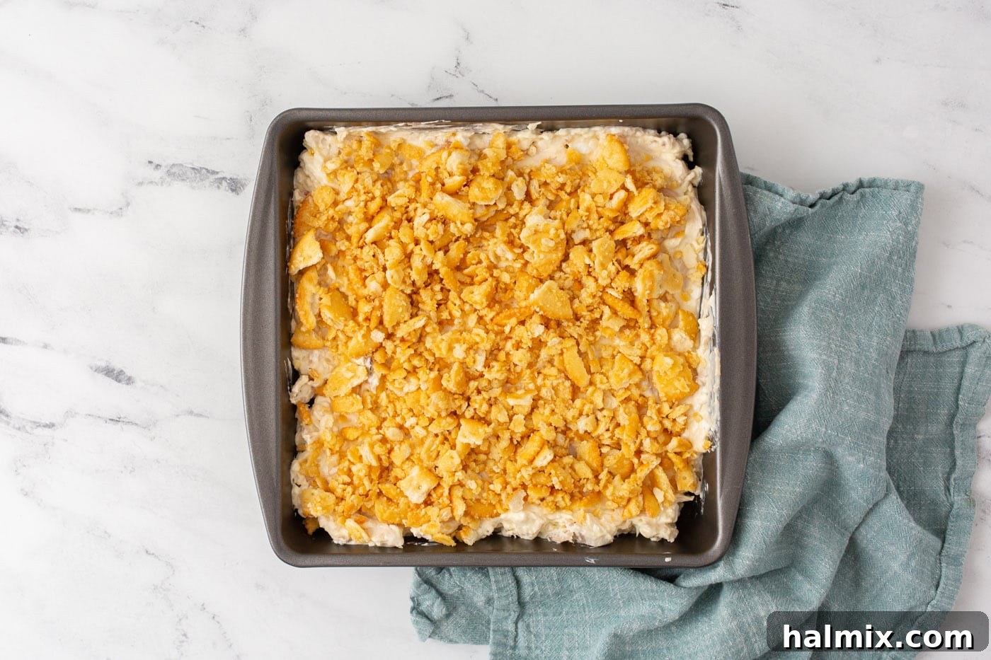 Ritz crackers on top of million dollar chicken casserole