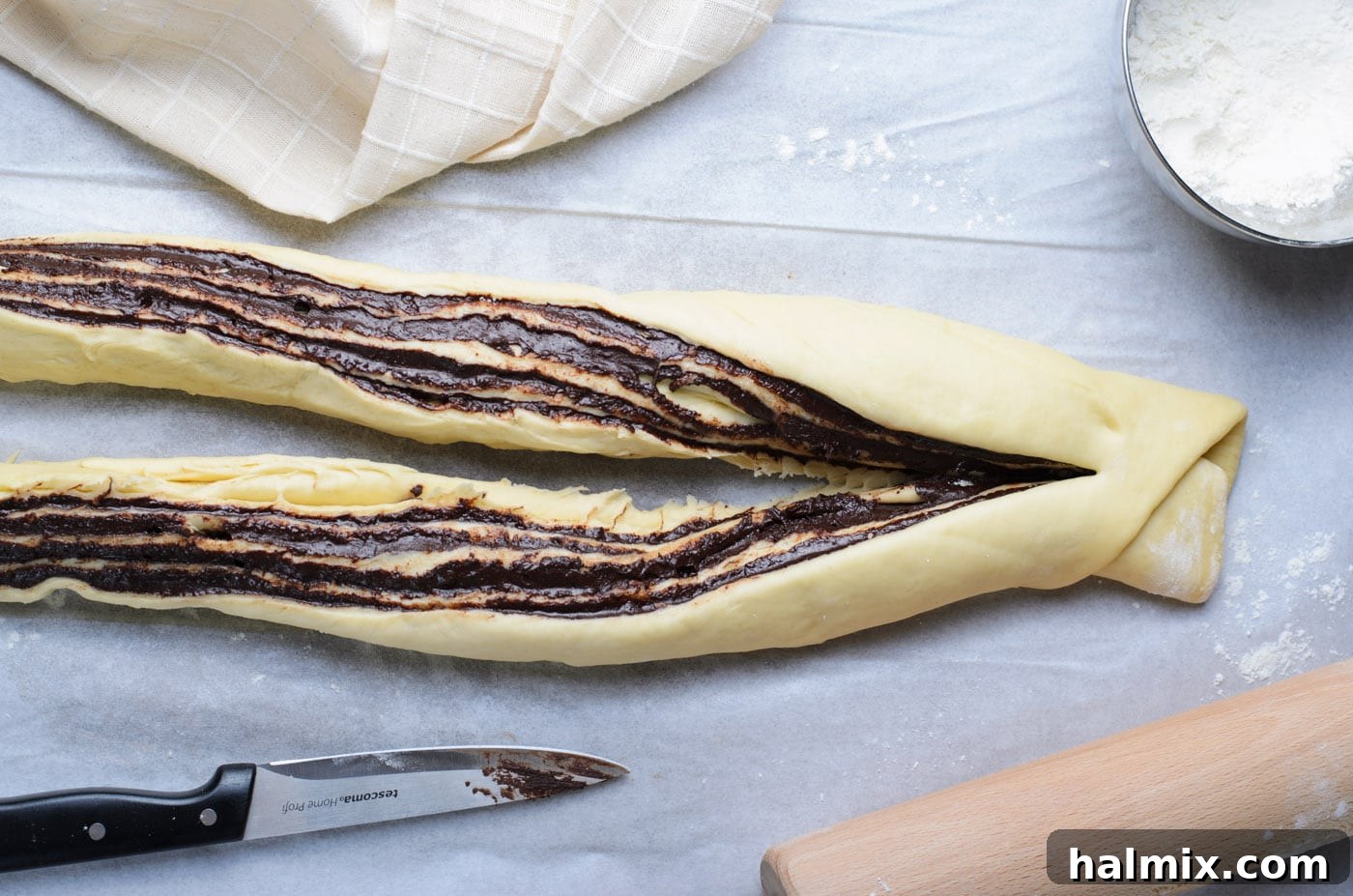 Braided Chocolate Heaven 13 chocolate babka dough sliced in half