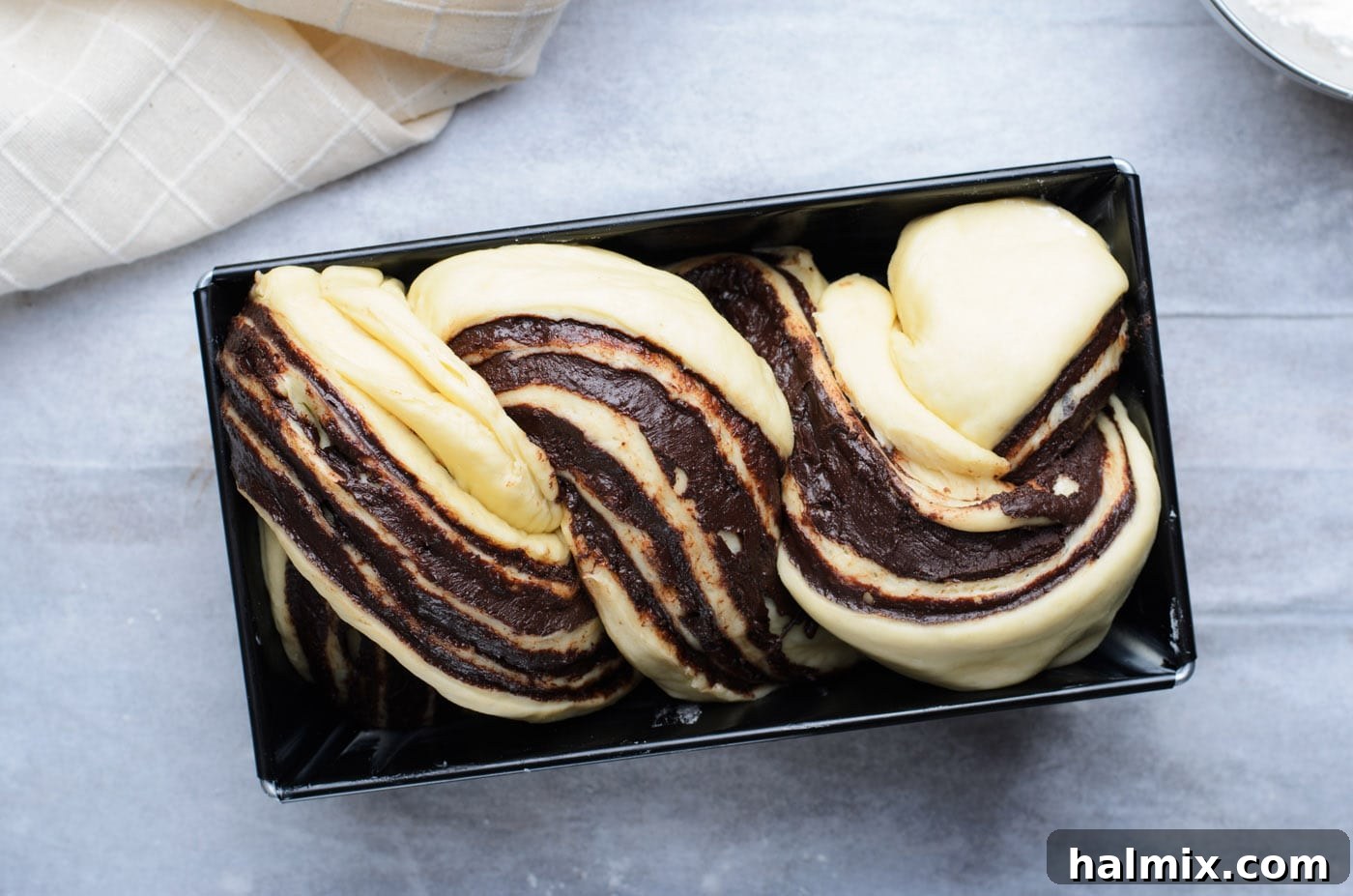 Braided Chocolate Heaven 15 chocolate babka dough in pan