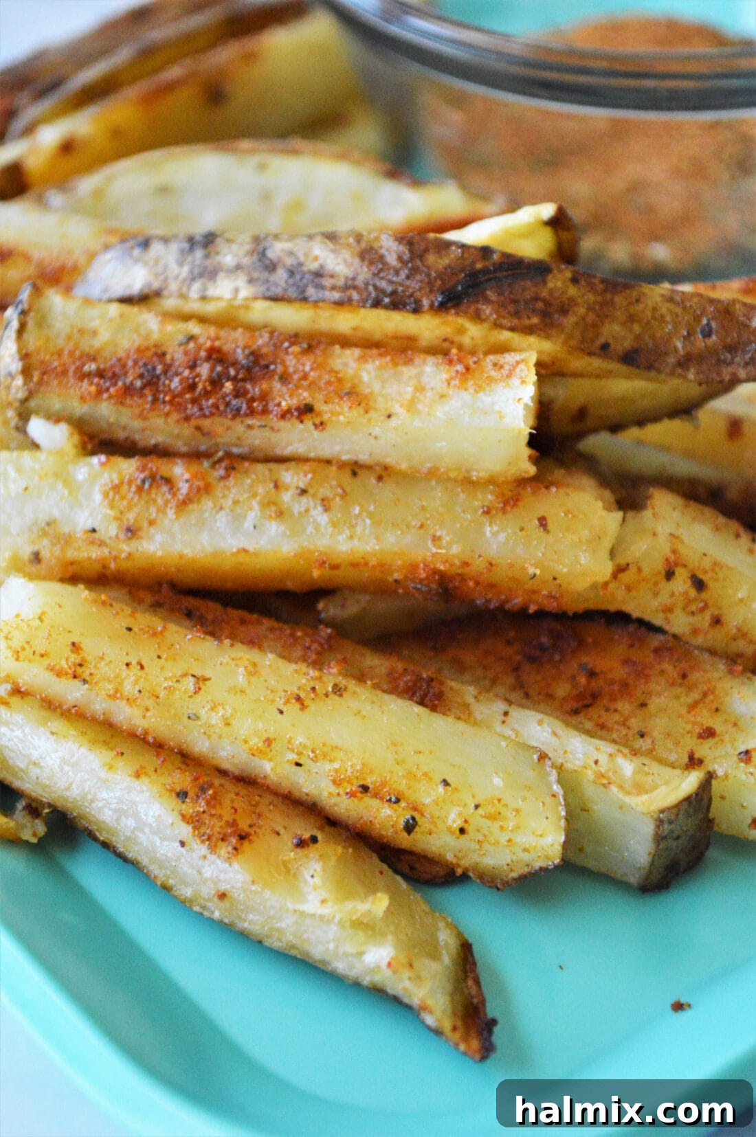 Crispy French fries artfully arranged on a serving plate, lightly dusted with the homemade French fry seasoning, inviting you to take a bite.