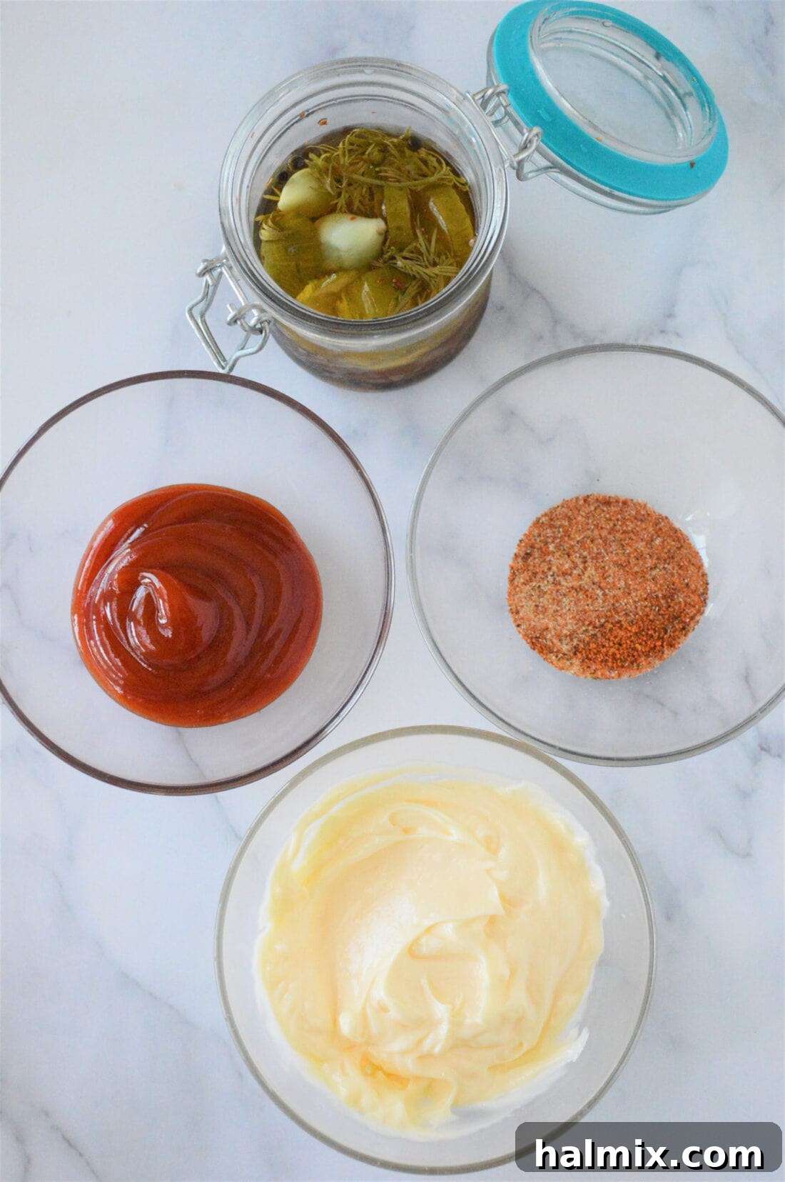 A visual representation of all the fresh ingredients needed for French Fry Sauce