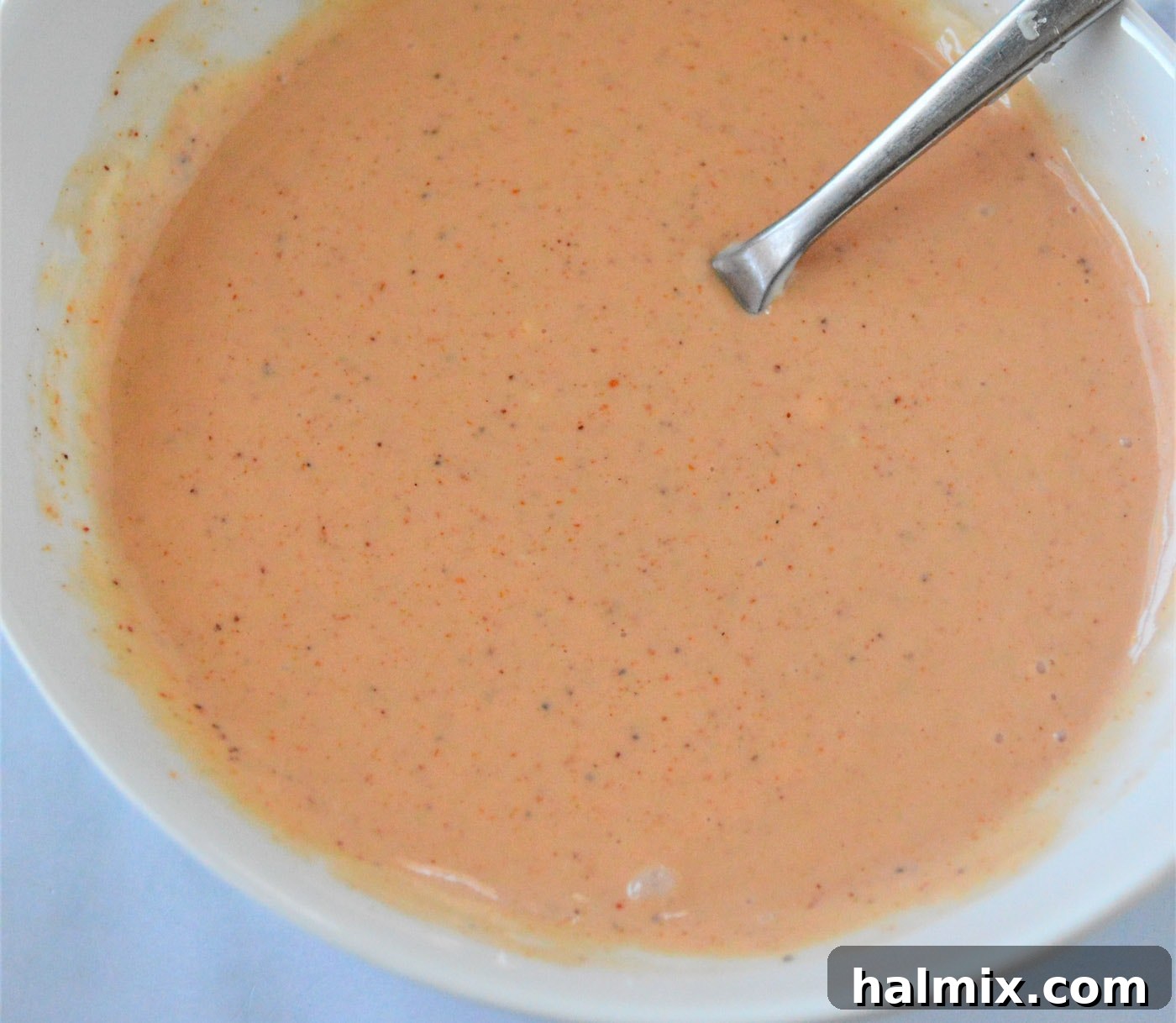 The finished French fry sauce, perfectly blended in a bowl, ready to be served