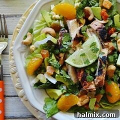 An overhead photo of a Key West grilled chicken salad.