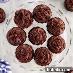Decadent Double Chocolate Delights 13 Frosted Double Chocolate Cupcakes on a cake stand, with one cupcake gently placed on its side.