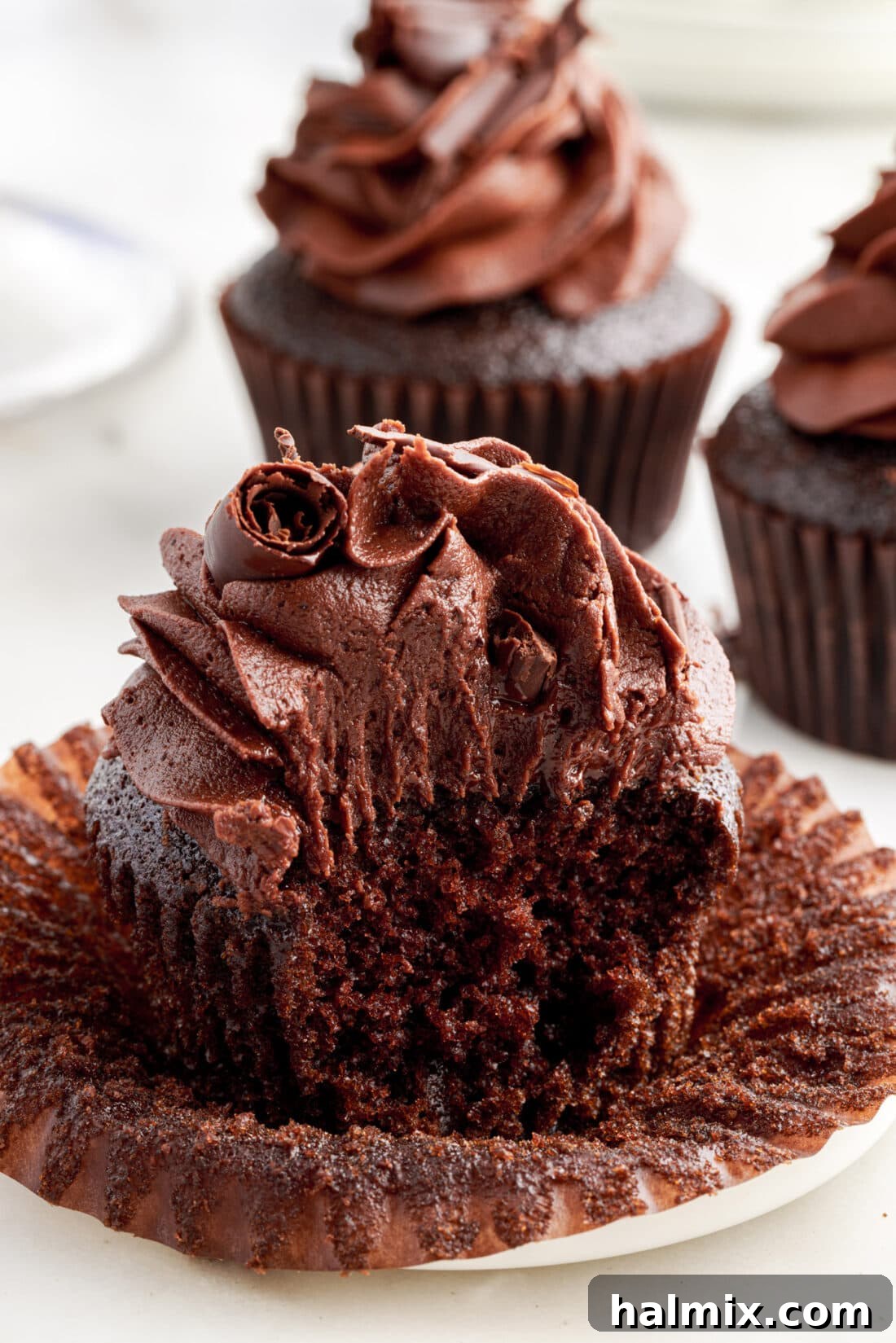 Decadent Double Chocolate Delights 3 Close up of a Double Chocolate Cupcake with a bite taken out, revealing its moist, dark chocolate interior.