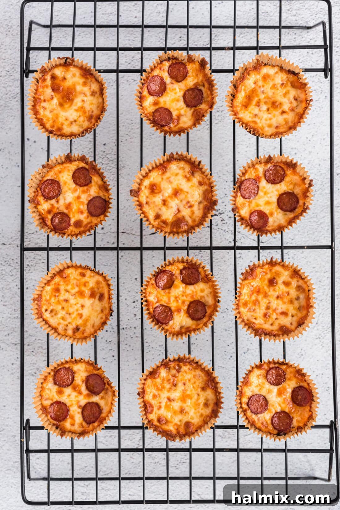 Cauliflower Pizza Poppers 3 Cauliflower Pizza Bites on a wire rack