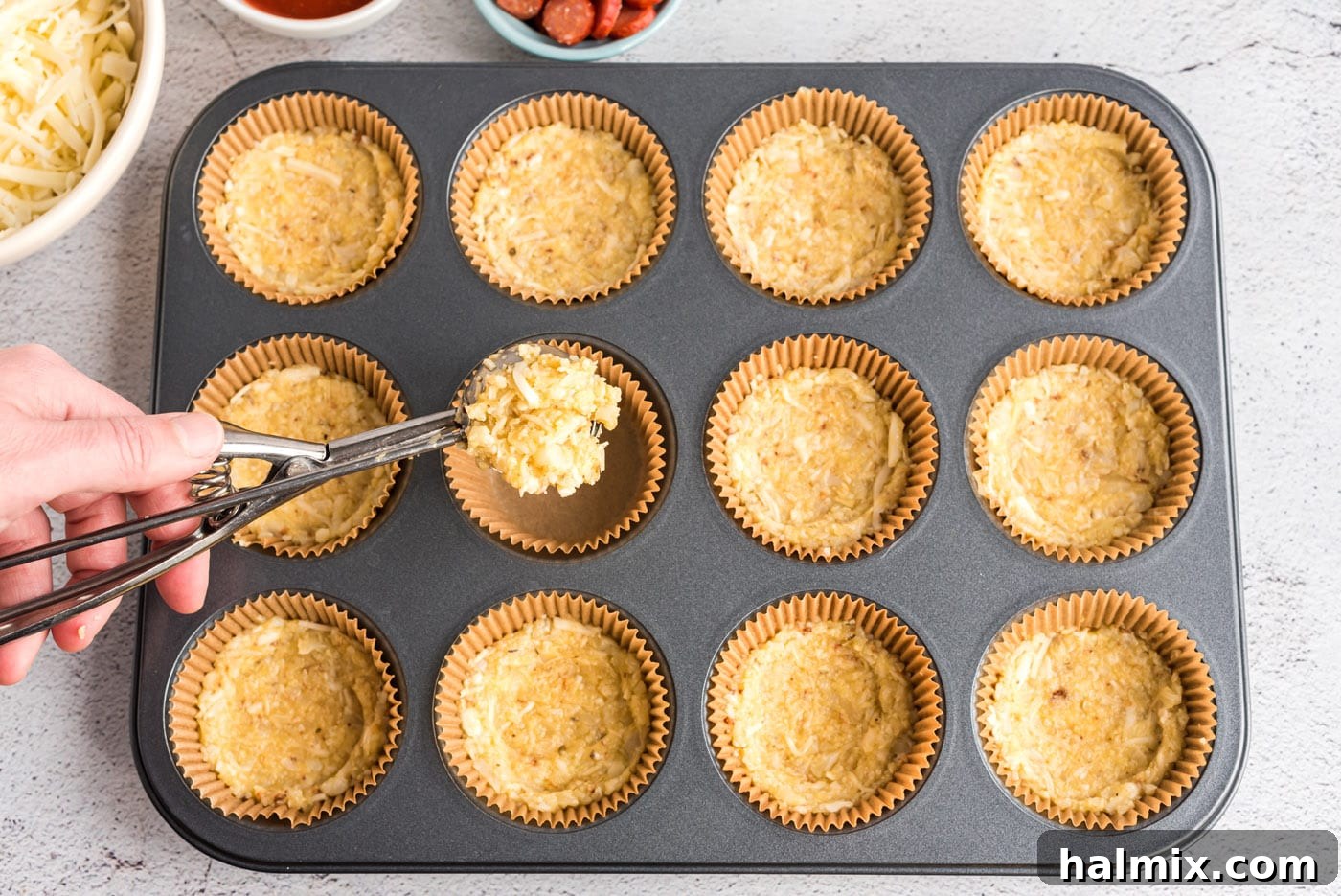 Cauliflower Pizza Poppers 5 cauliflower pizza crust in muffin tin
