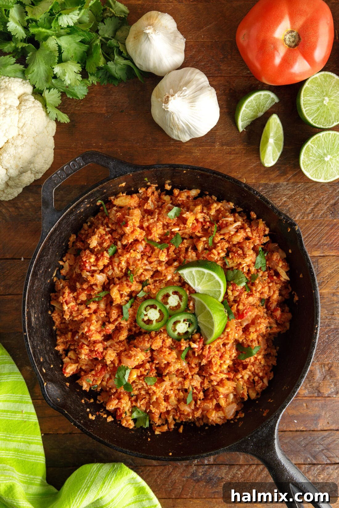 Zesty Mexican Cauli Rice 9 A large skillet filled with vibrant Mexican Cauliflower Rice, ready to be served.
