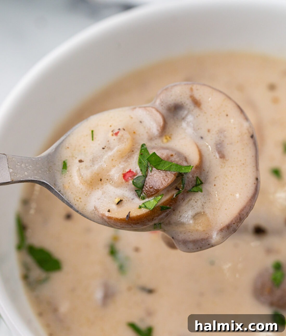 Close-up of a spoonful of creamy mushroom soup, showing its smooth texture and hints of mushroom.
