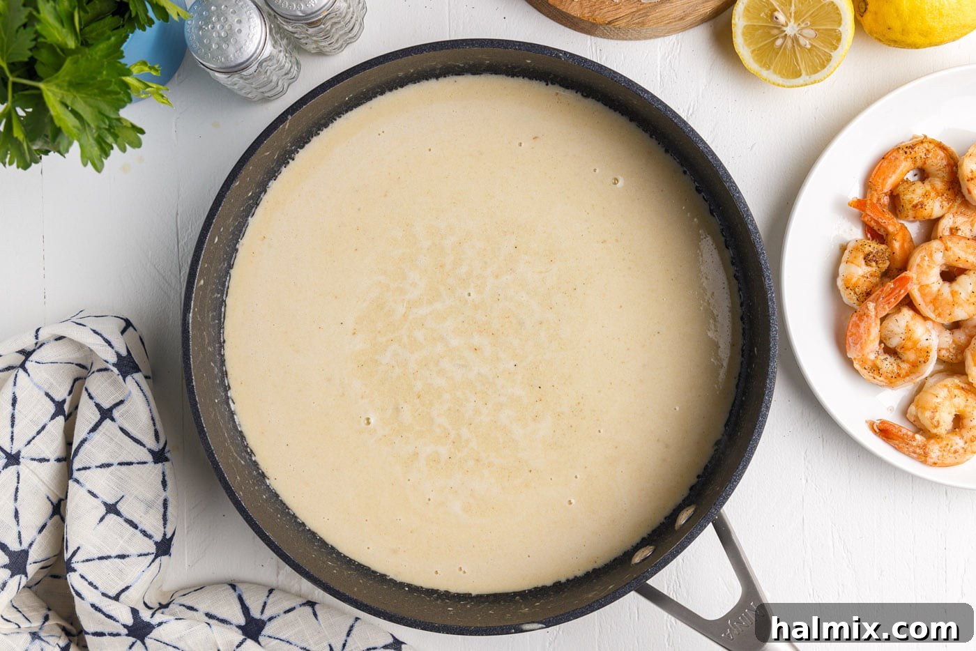 Creamy Garlic Shrimp Pasta 13 creamy lemon garlic pasta sauce, smooth and rich, in a skillet