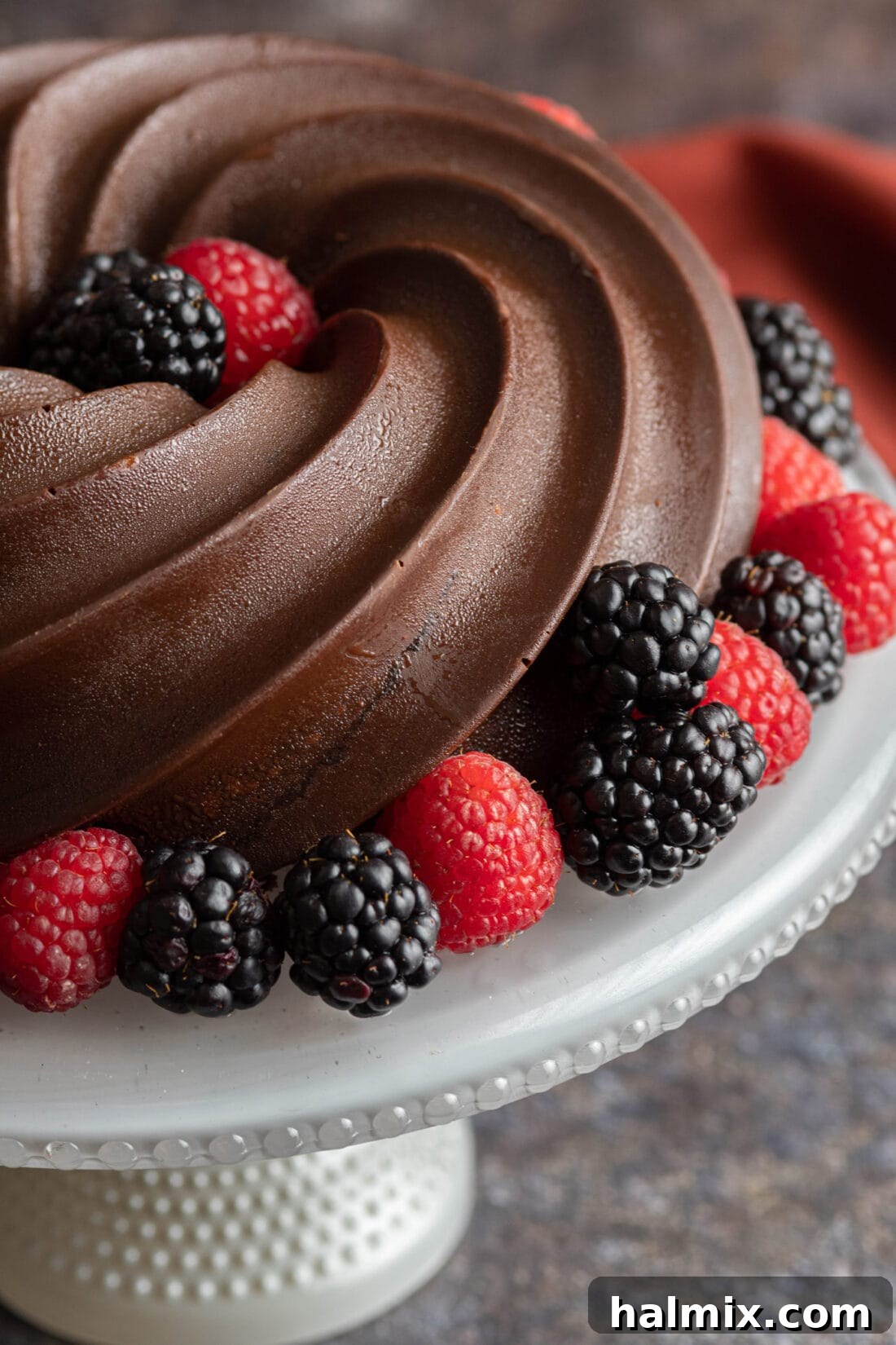 Decadent Chocolate Loaf 2 side view of Chocolate Pound Cake with a decadent chocolate glaze