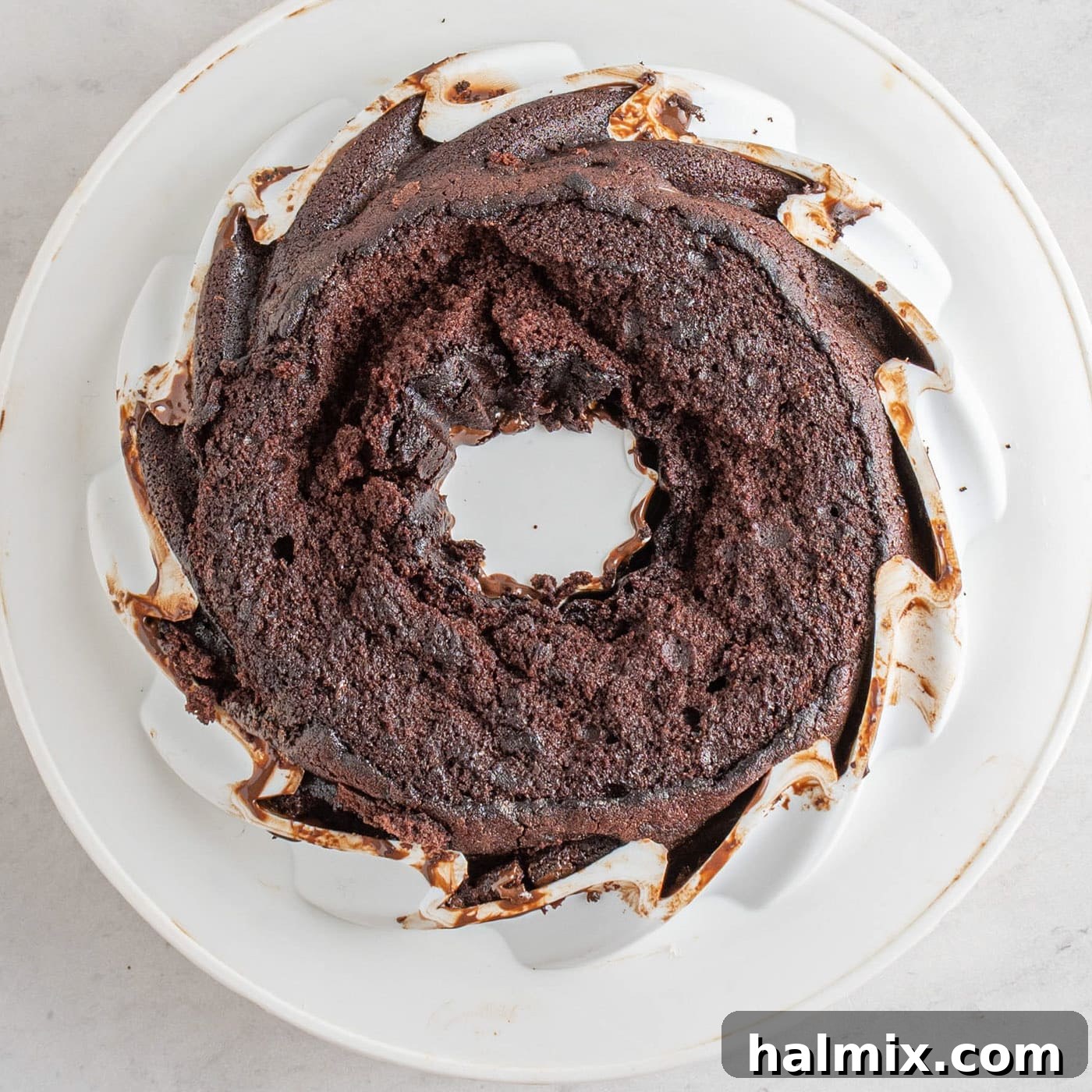 Decadent Chocolate Loaf 13 chocolate pound cake placed back into the chocolate-coated pan