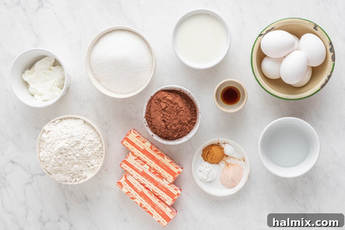 Decadent Chocolate Loaf 4 Collection of fresh ingredients for making Chocolate Pound Cake