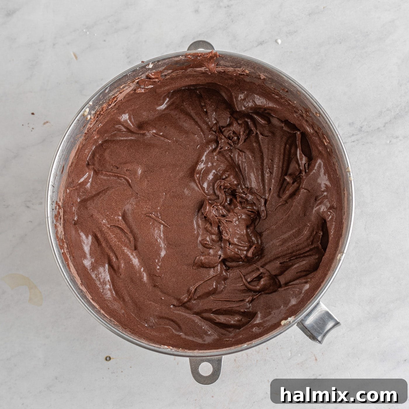 Decadent Chocolate Loaf 7 chocolate pound cake batter in a mixing bowl after all ingredients are combined