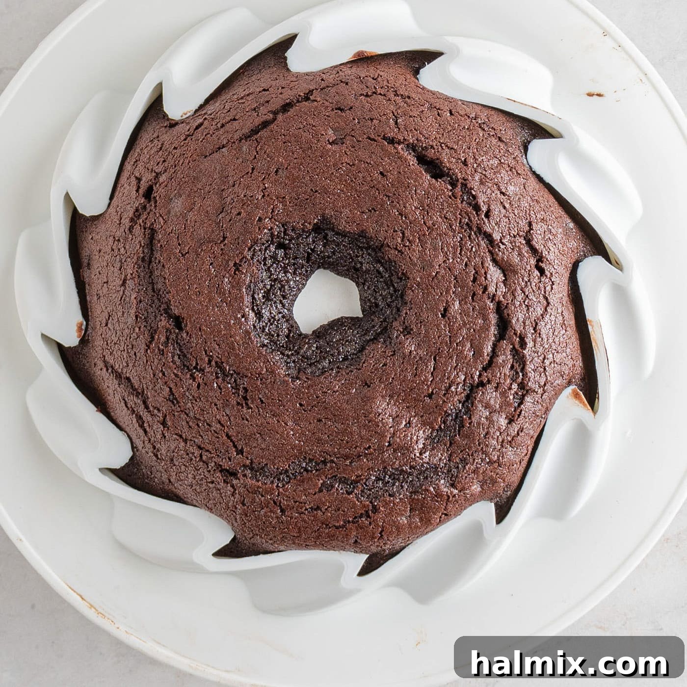 Decadent Chocolate Loaf 9 baked chocolate pound cake cooling in its silicone mold