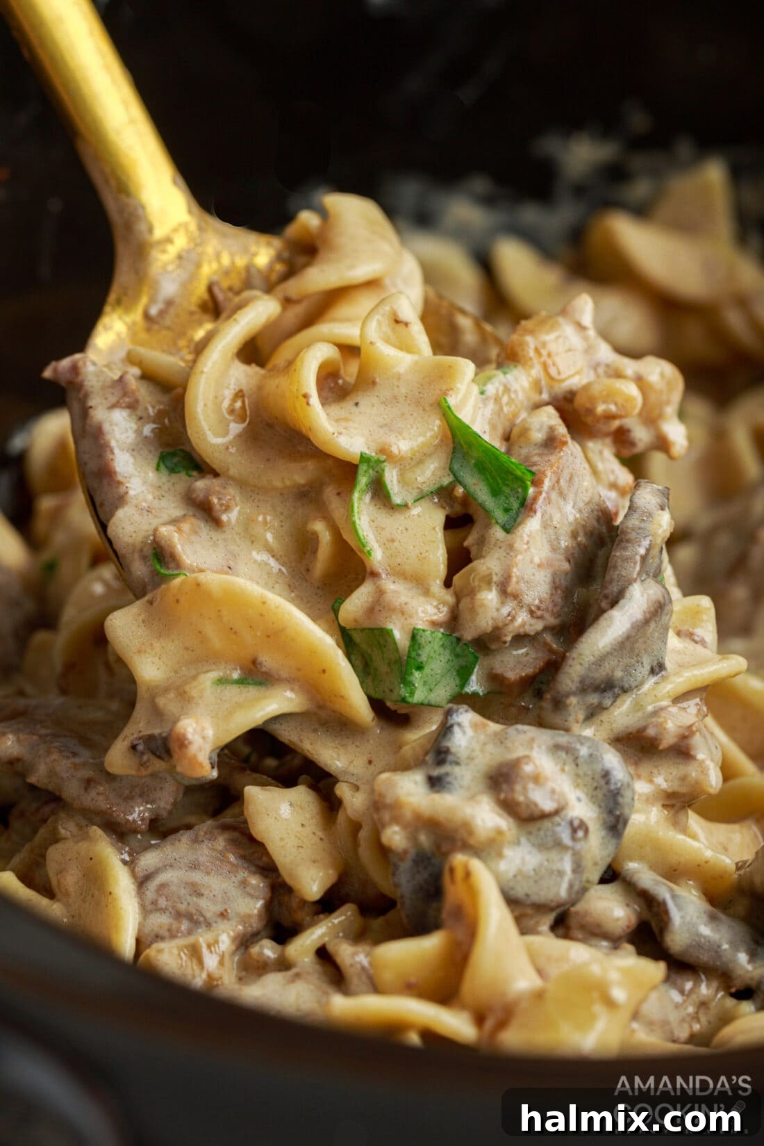 spooning out Crockpot Beef Stroganoff