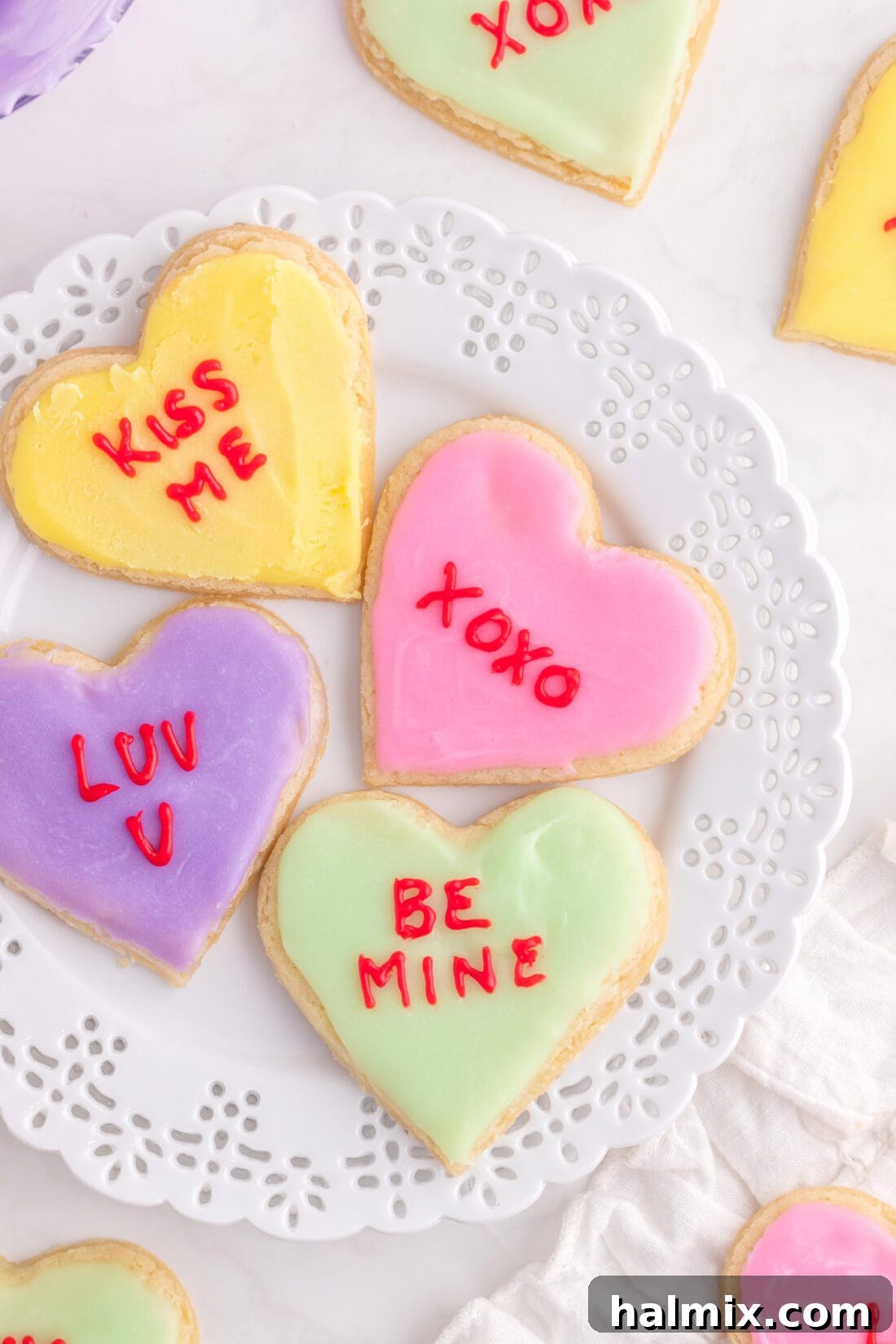 A vibrant plate of Conversation Heart Cookies, perfectly decorated for Valentine's Day