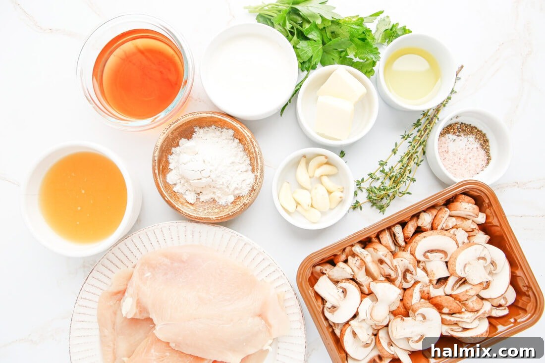 A selection of ingredients for Chicken Marsala, including chicken, mushrooms, wine, and herbs.