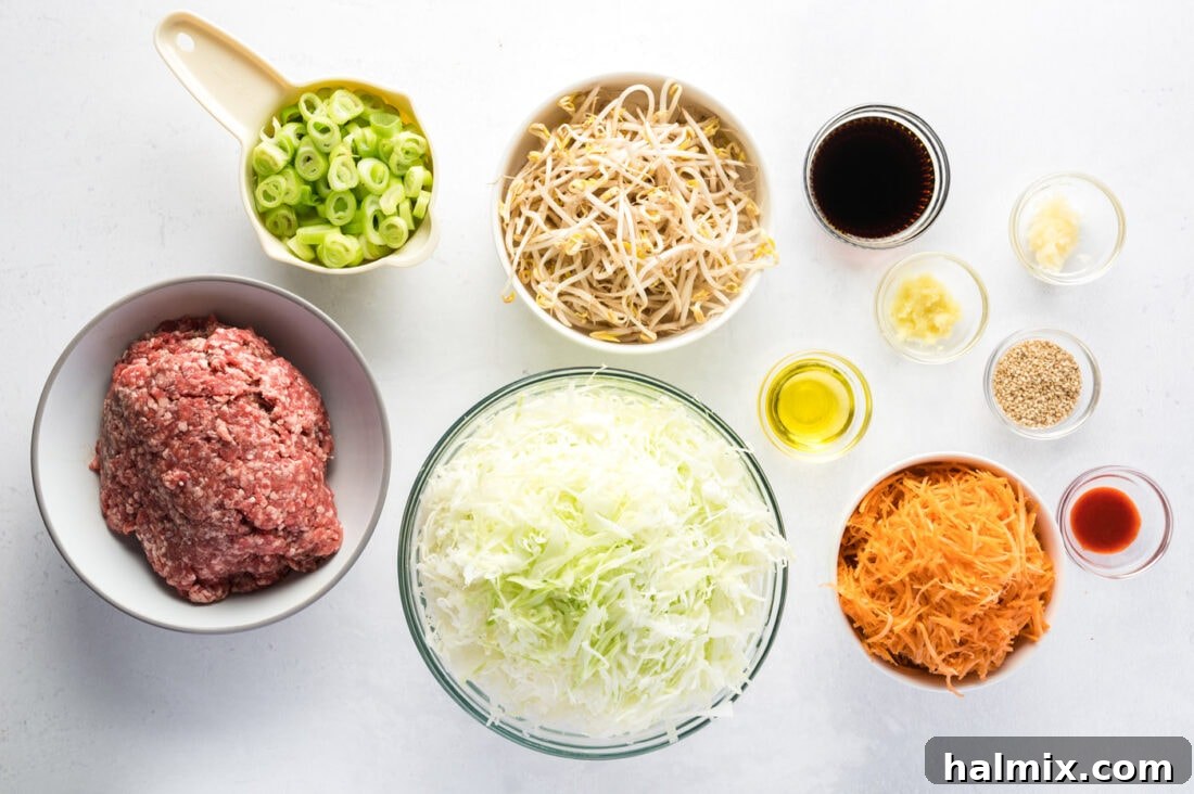 All ingredients laid out for Egg Roll in a Bowl recipe