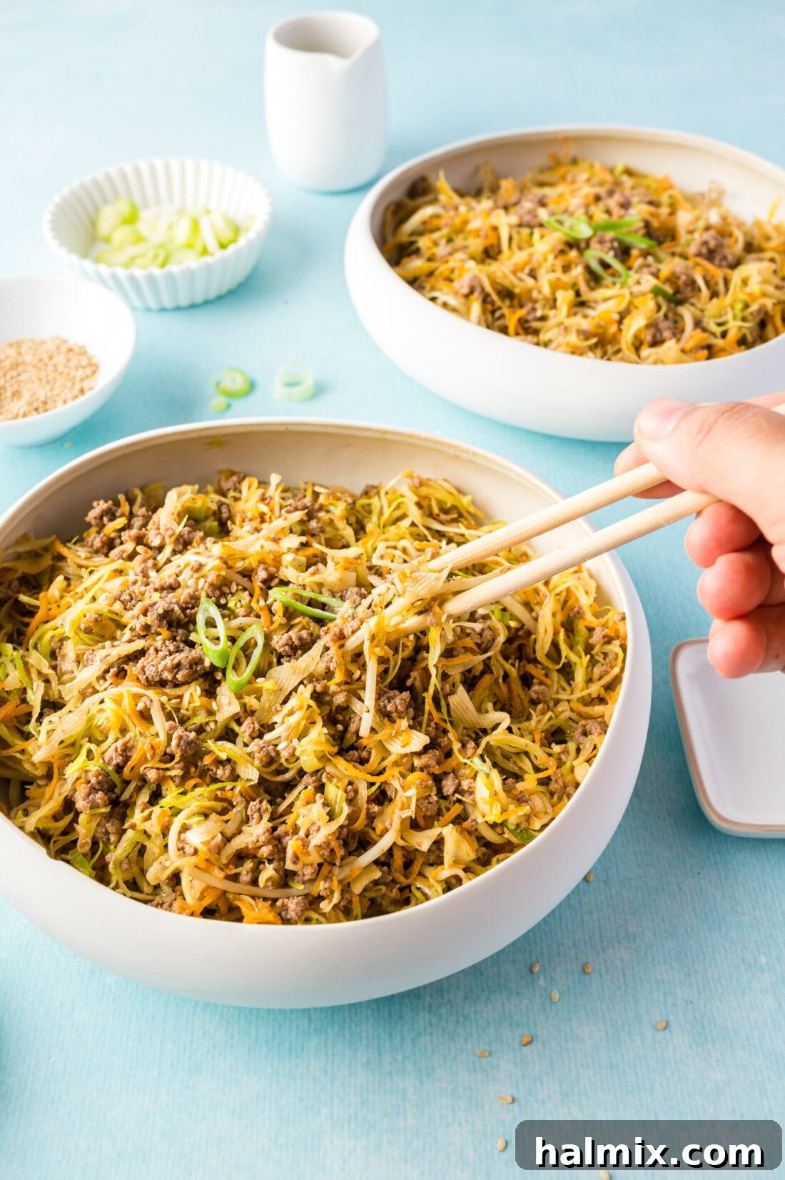 Egg Roll in a Bowl served with chopsticks