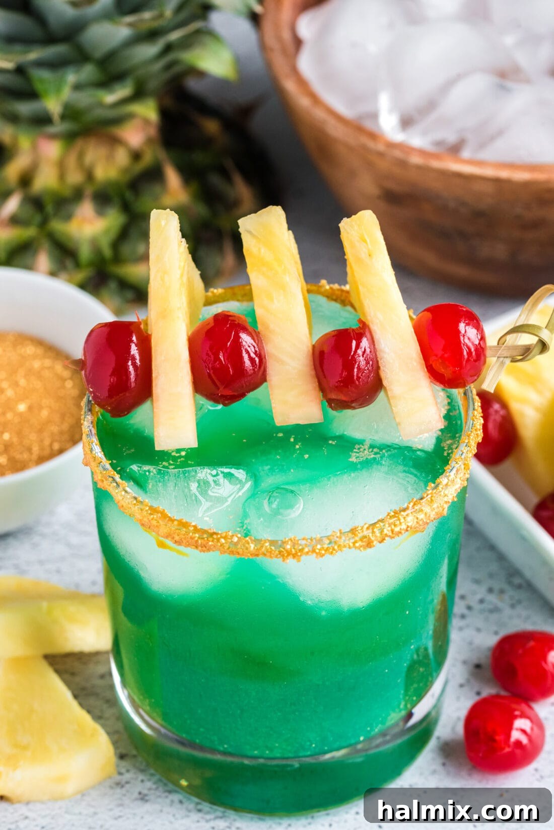 Whiskey Wee Folk 2 green cocktail in a sugar rimmed glass