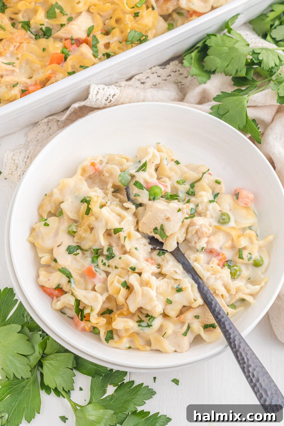 Creamy Chicken Noodle Delight 13 A close-up shot of a warm dish of Creamy Chicken Noodle Casserole, ready to be served.