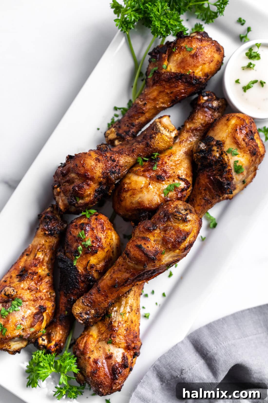 Golden Air Fried Drumsticks 2 Air Fryer Chicken Drumsticks on a platter