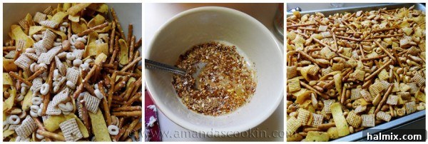 Close-up shot of a single bowl of Taco Chex Mix with a blurred background, emphasizing the texture and golden hue.