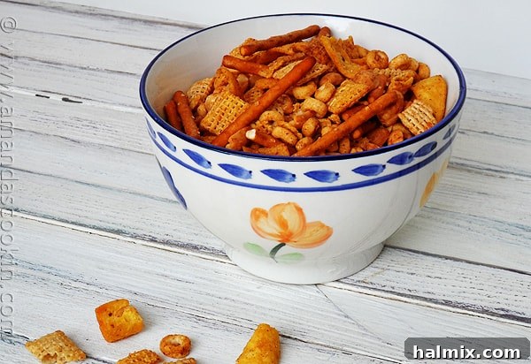 An inviting photo of a large bowl of freshly baked Taco Chex Mix, ready for serving.