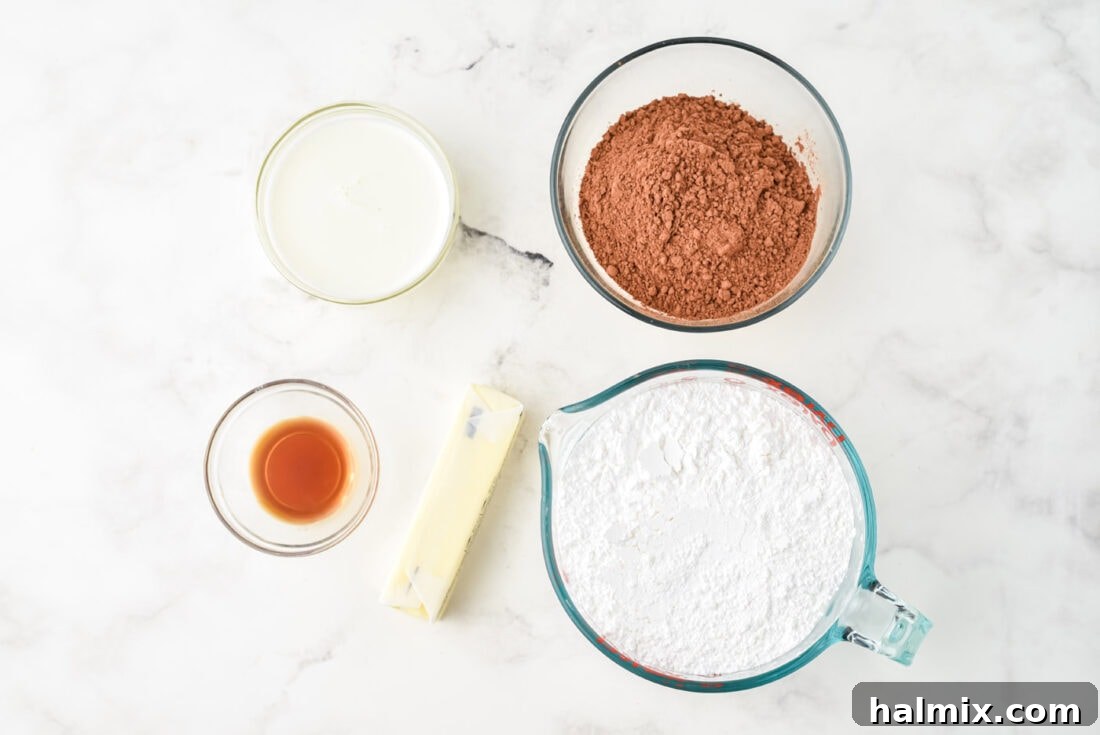 Chocolate Fudge Frosting ingredients laid out: butter, cocoa powder, powdered sugar, heavy cream, vanilla extract