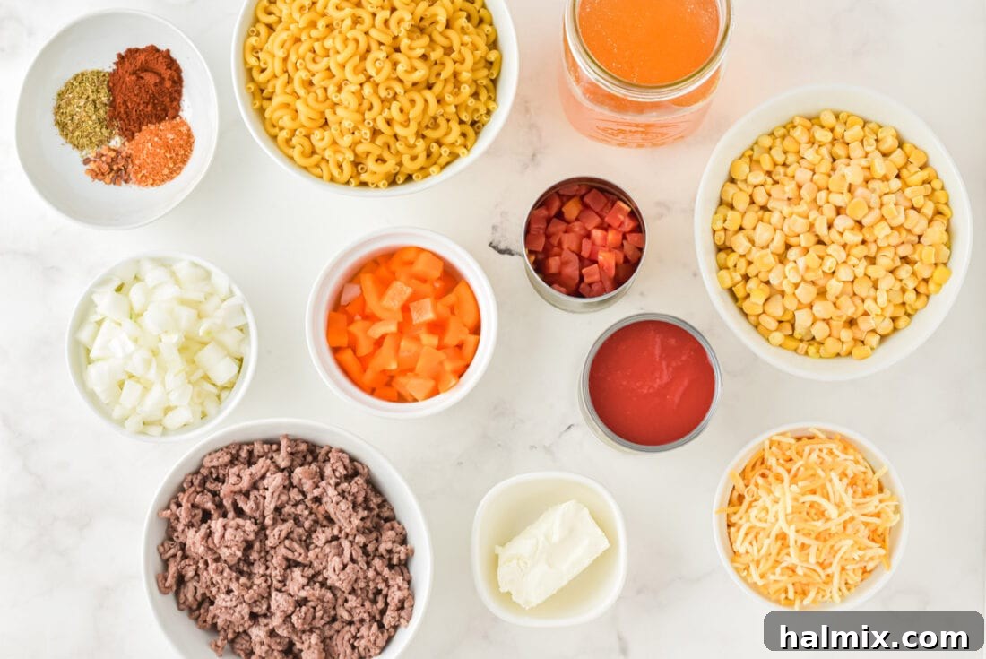 A flat lay photograph of all the ingredients for Crockpot Ground Beef Casserole laid out neatly.
