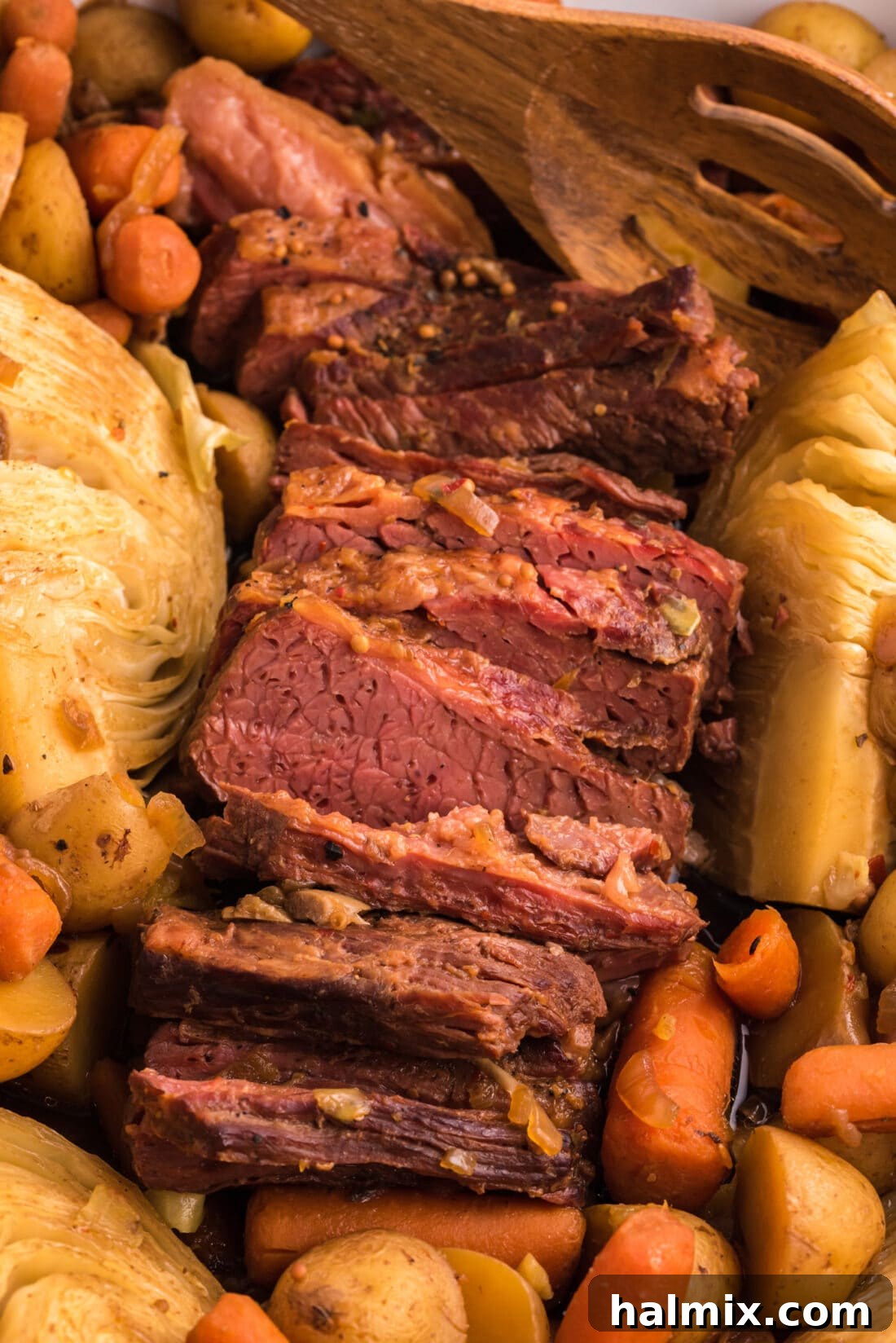 Close up photo of Crockpot Corned Beef with veggies