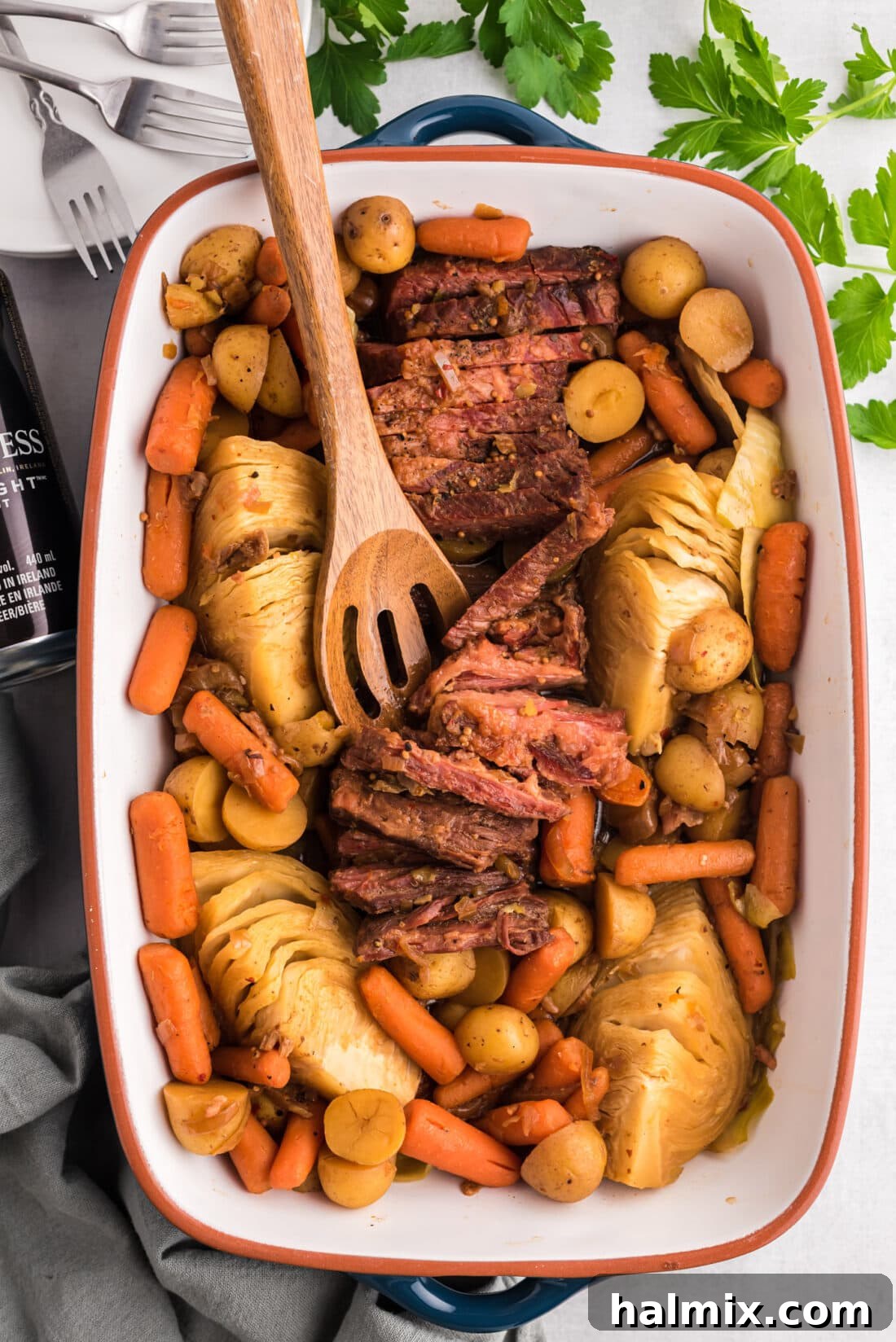 Crockpot Corned Beef in a baking dish