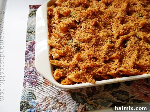 A serving of Baked Penne with Chicken, Broccoli & Smoked Gouda, ready to enjoy
