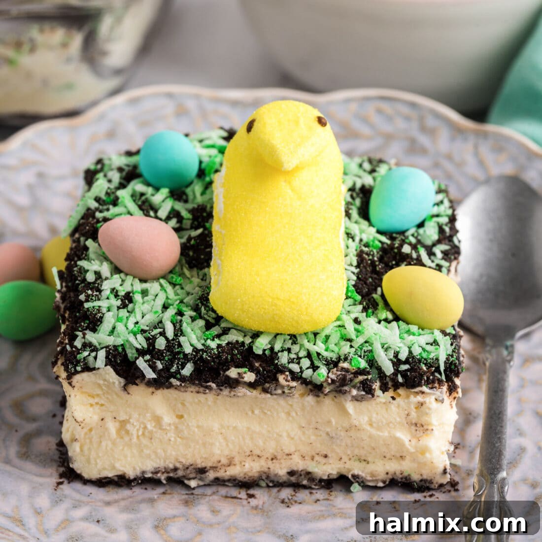 Easter Dirt Cake with Bird Peeps Variation Easter Dirt Cake decorated with bird Peeps and chocolate eggs